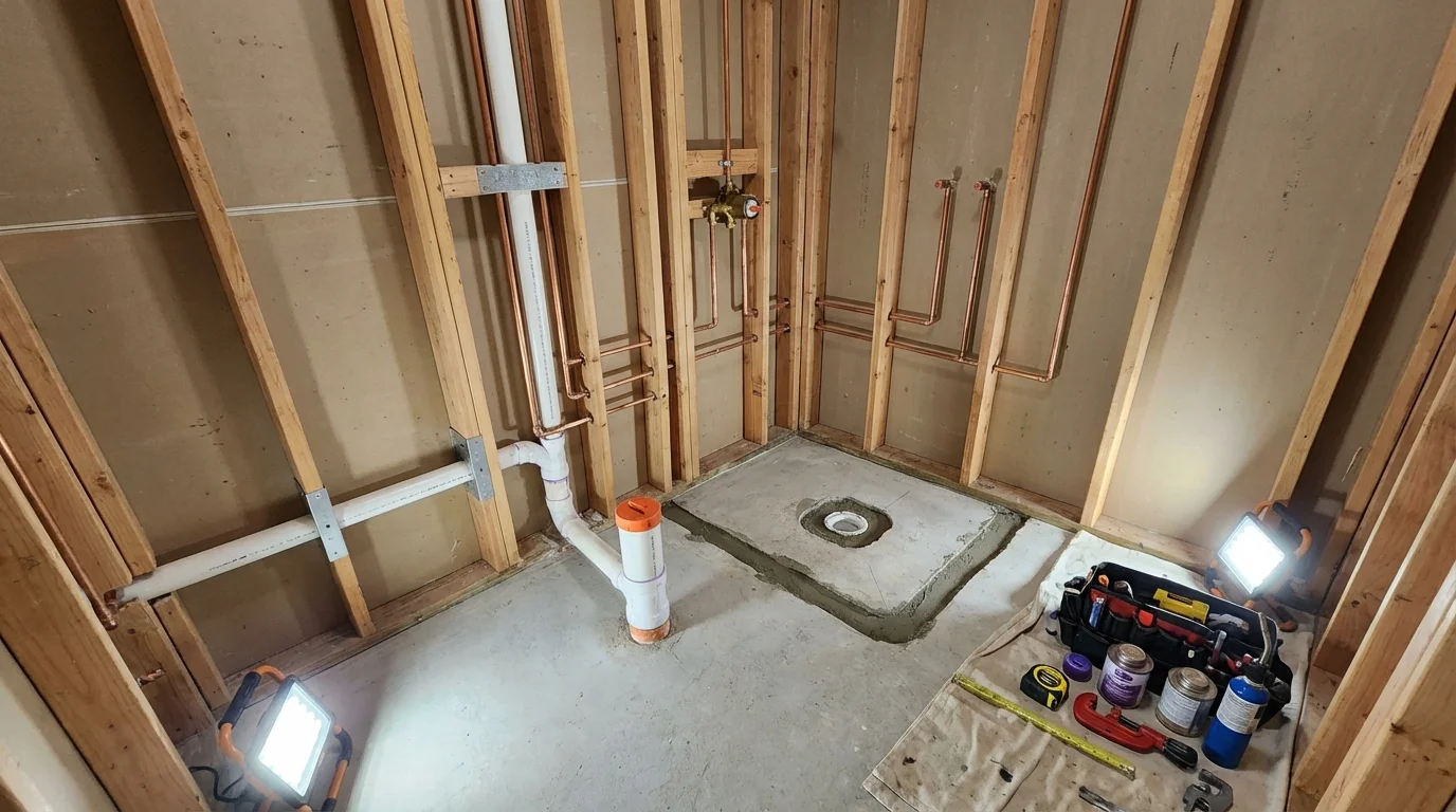 Bathroom rough-in plumbing during remodel by Johns Plumbing LLC in Mattawa