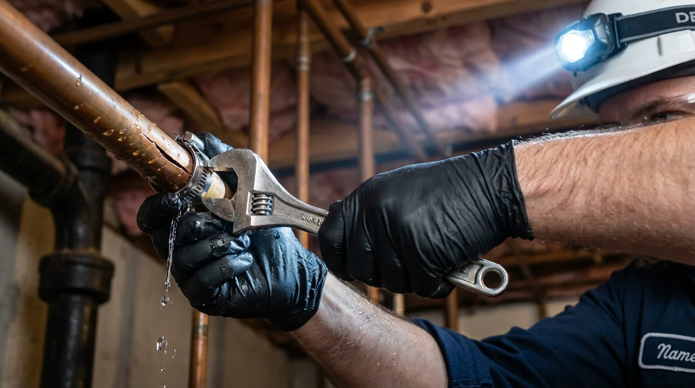 Emergency pipe clamp repair being performed by a Johns Plumbing LLC plumber in Mattawa