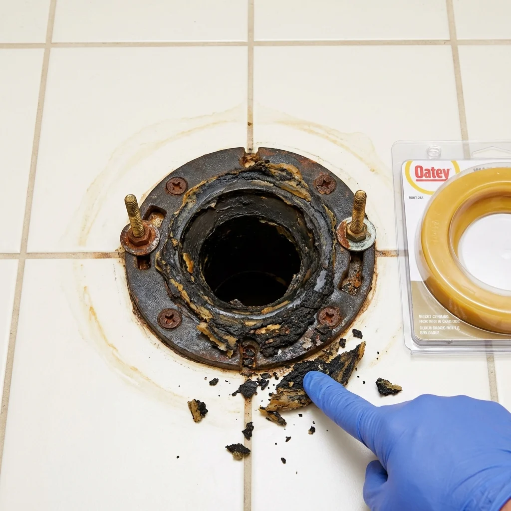 Failed wax ring showing water seepage at the base of a toilet in a Mattawa, WA home