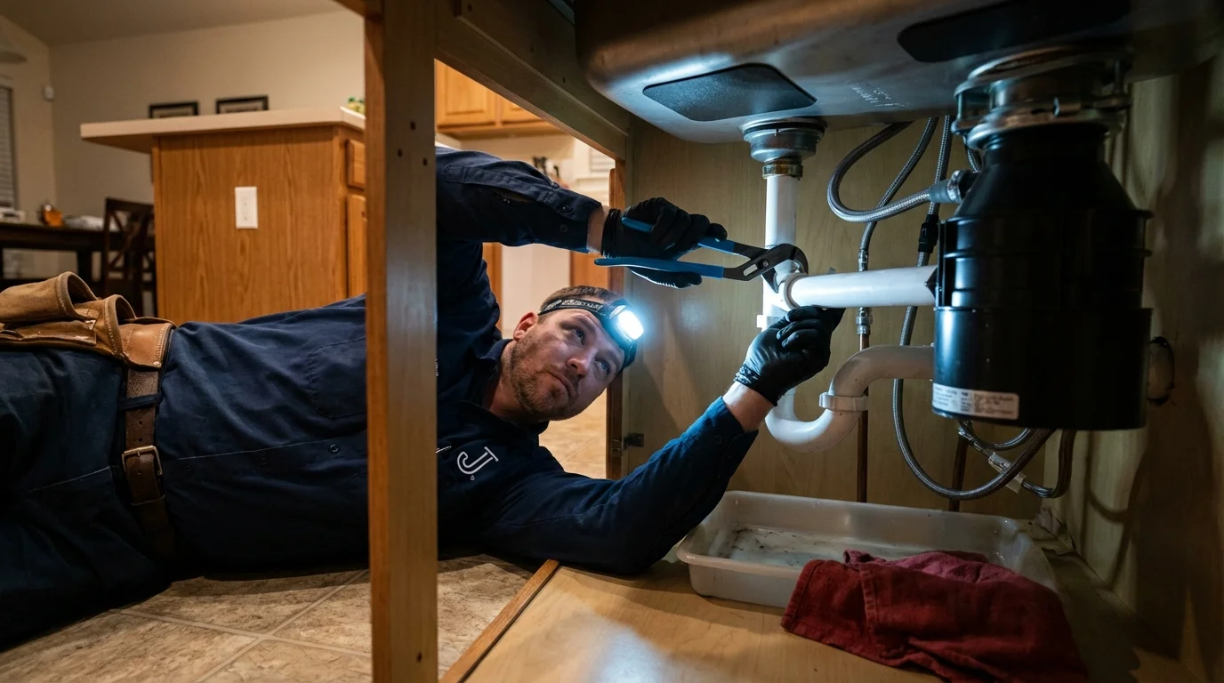 P-trap and supply line connections under a kitchen sink showing a common leak point in Mattawa, WA